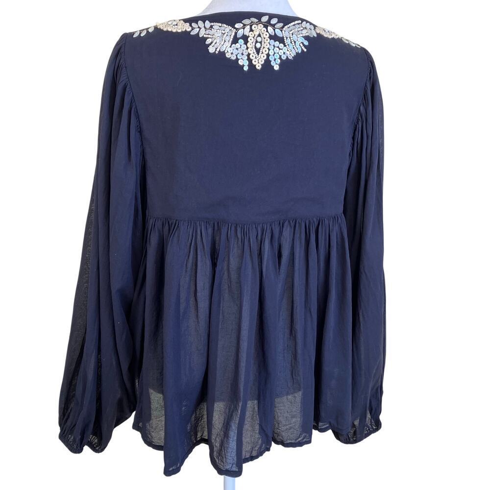 All Saints Sz 8 Dana Top Boho Beaded Peasanst Blouse Tie Neck Black Cream Cotton - Picture 8 of 16